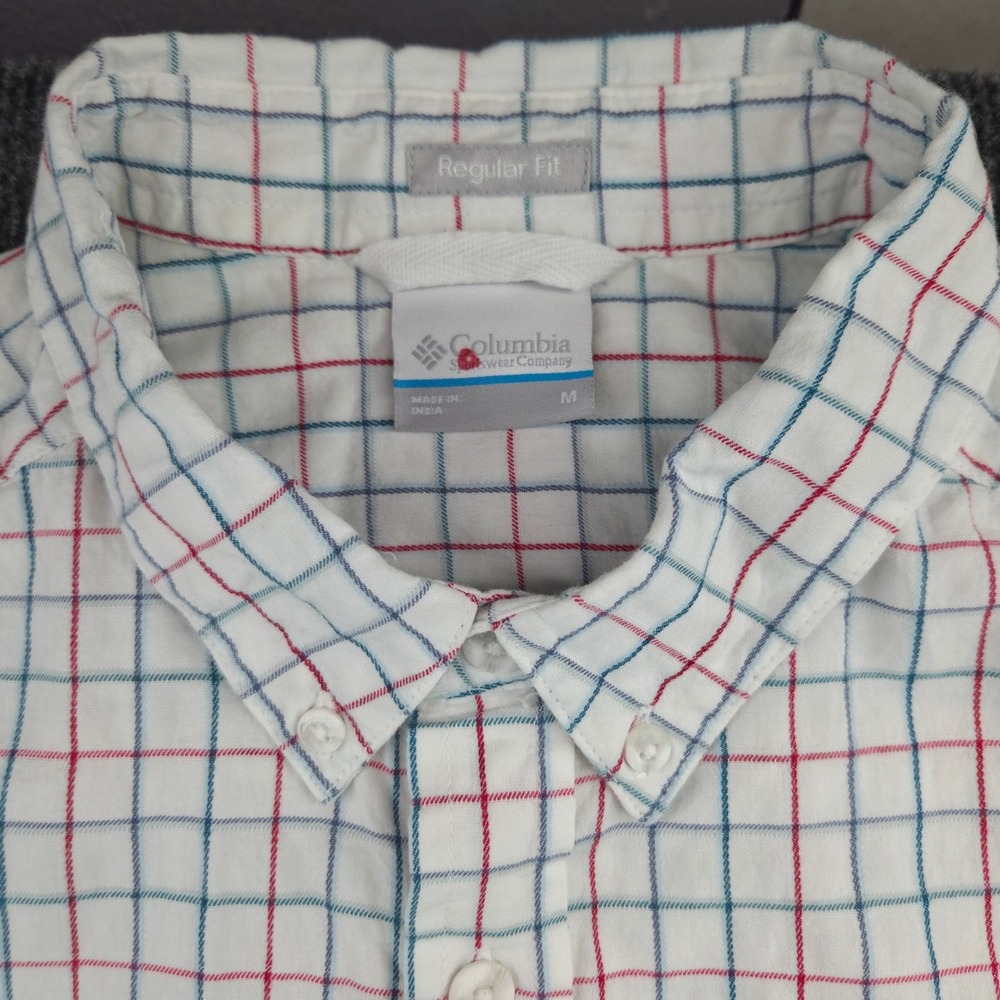 Columbia Mens Medium White Plaid Cotton Blend Short Sleeve‎ Regular Fit Shirt